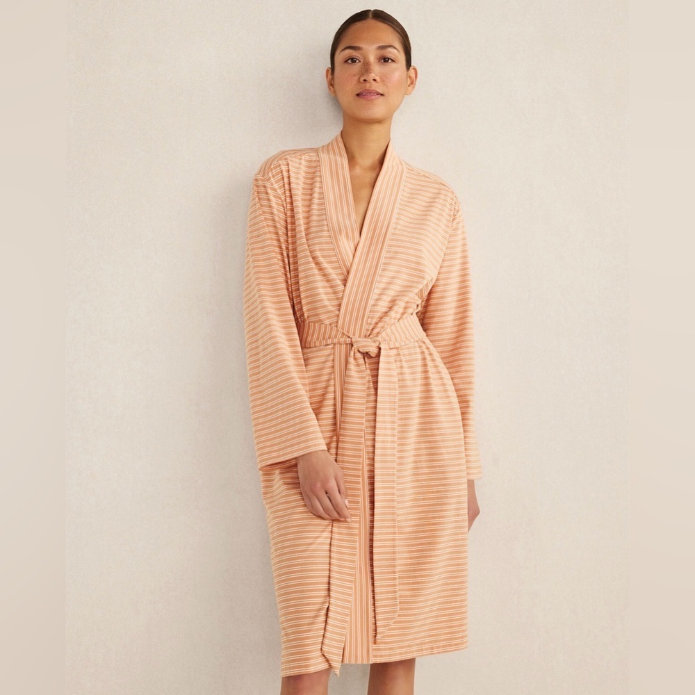 *HAVEN WELL WITHIN* Striped Peach x White Wrap Organic Cotton Robe Size Small - Picture 3 of 12
